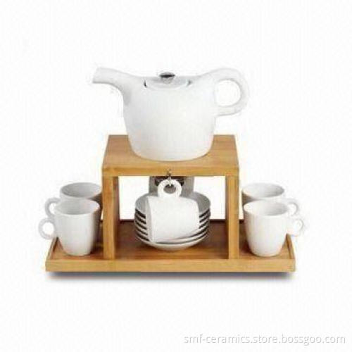 Tea Pot Set with 6-piece Cups and Saucers and Bamboo Holder, Comes in White